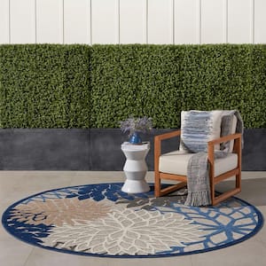 Aloha Blue/Multicolor 8 ft. x 8 ft. Round Floral Modern Indoor/Outdoor Patio Area Rug
