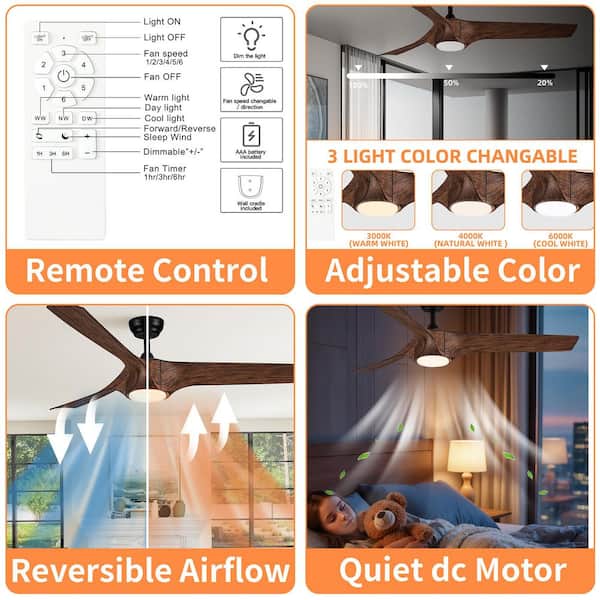 56 in. Ceiling Fan with Integrated LED Light and Brown Wood Grain ABS Blades Included with Remote, Downrod Mount