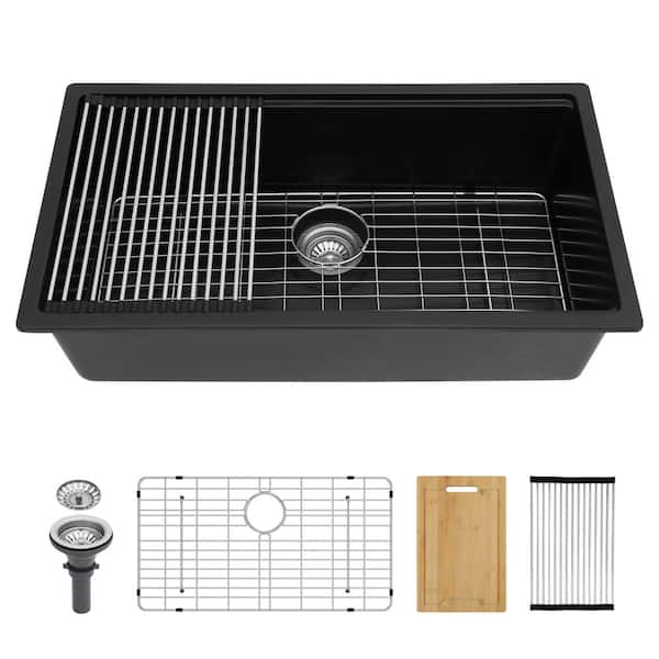 LOD 33 in. Undermount Single Bowl Matte Black Quartz Composite Workstation Kitchen Sink with Cutting Board
