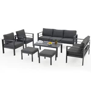 Gray 7-Piece Aluminum Patio Conversation Set with Ottomans and Dark Gray Cushions
