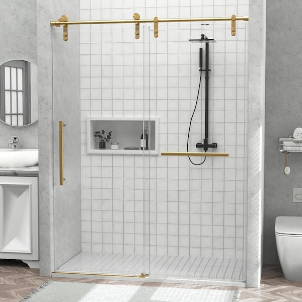 Delnavik 56-60 in. W x 75.5 in. H Sliding Frameless Glass Shower Door, Handle and Seal Strip for Waterproof, Towel Bar