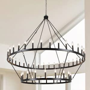 54-Light Black Candle Design Circle Wagon Wheel Chandelier 2-Tier Farmhouse Chandelier for Dining Room