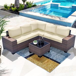 6-Piece Wicker Outdoor Sectional Set with Cream Cushion