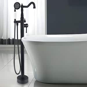 Single-Handle Freestanding Floor Mount Tub Filler Faucet with Hand Shower and Swicel Spout in Matt Black