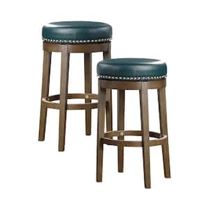 Paran 30 in. Brown Wood Round Swivel Pub Height Stool with Green Faux Leather Seat (Set of 2)