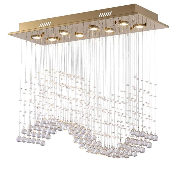 31.5" 8-Light Bright Gold Modern Chandelier Rectangular Crystal Raindrop Flush Mount Pendant Lighting for Dining Room