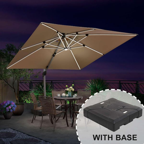 10 ft. Square Aluminum Solar Powered LED Patio Cantilever Offset Umbrella with Stand, Beige