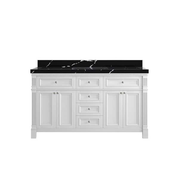 Willow Collections Paris 60 in. Double Sink Freestanding White Bath Vanity with Calacatta Black Qt. Top