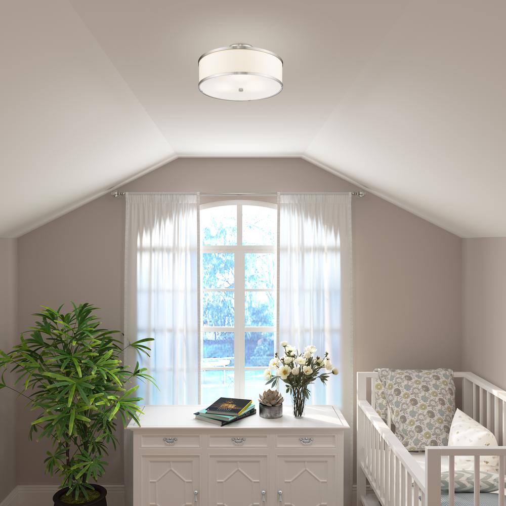 Elegant Brushed Nickel 3-Light Semi-Flush Drum with Off-White Fabric Shade