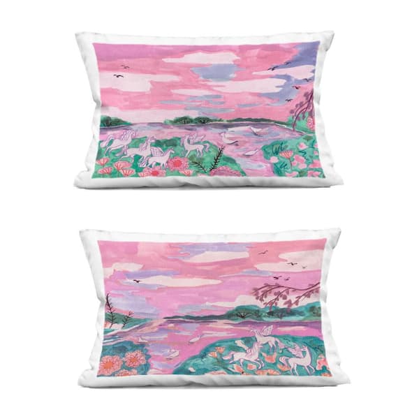 Stupell Industries Unicorn Nature Whimsy Pink Print Polyester 14 in. X 20in. Throw Pillow, Set of 2