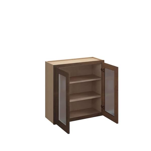 Kunal Kitchens Amherst Shaker 30 in. W x 30 in. H x 12 in. D in Walnut Plywood Assembled Frosted Glass Wall