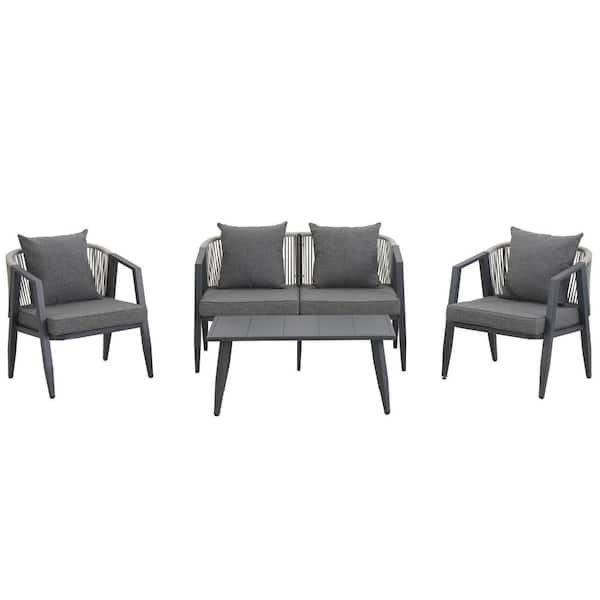 4-Piece Gray Outdoor Patio Conversation Sofa Set with a Table Chairs and Gray Cushions for Patios Garden Poolsides