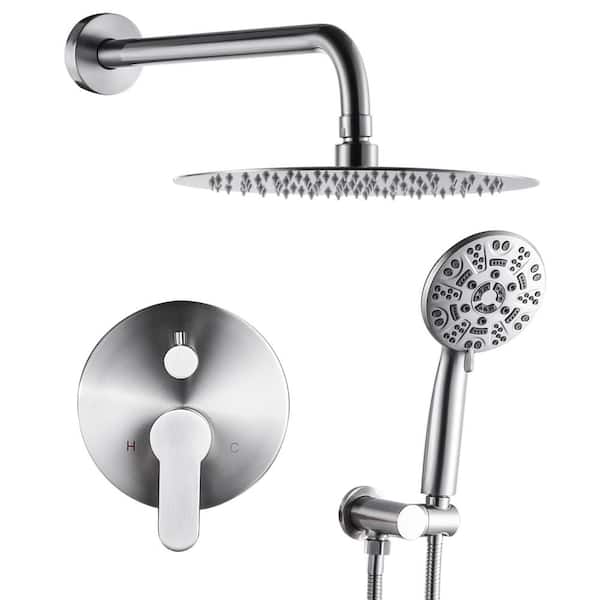 IVIGA 9-Spray 10 in. Wall Mounted Round Fixed Shower Head and Handheld Shower Head with 1.8 GPM Brass Valve in Brushed Nickel