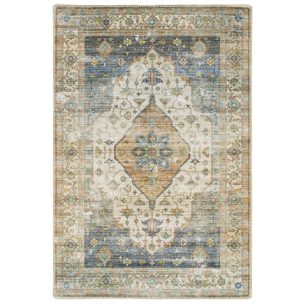 Home Decorators Collection Harmony Medallion Denim 6 ft. X 9 ft. Polyester Indoor Machine Washable Area Rug