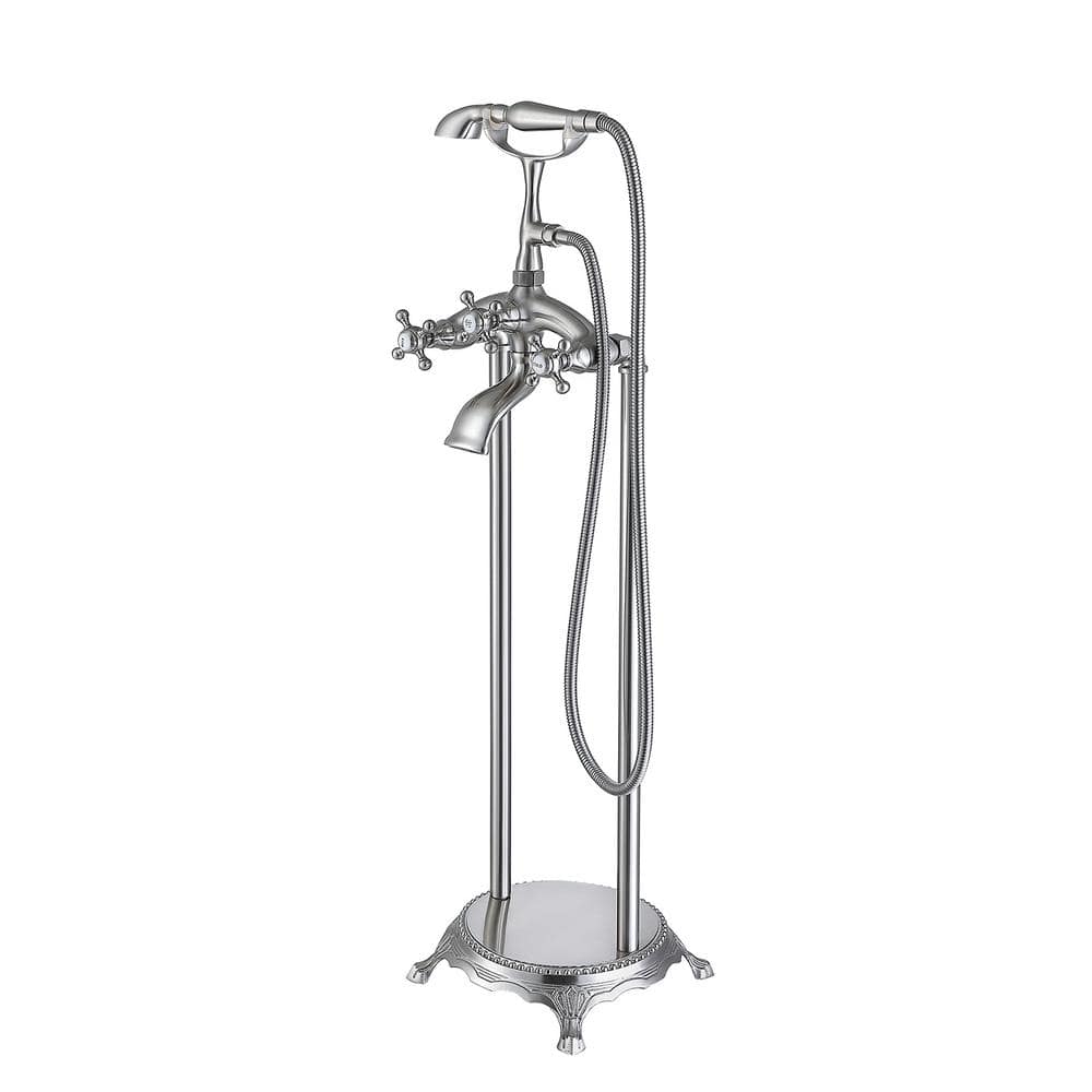 3-Handle Claw Foot Freestanding Tub Faucet with Hand Shower in Brushed Nick