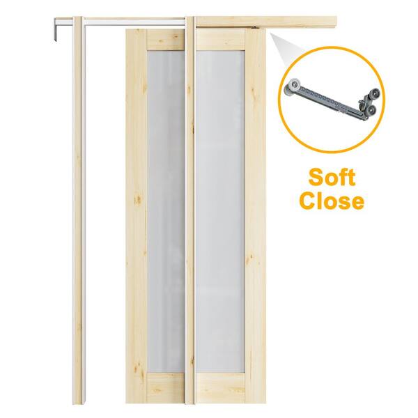 30 in. x 96 in. 1-Lite Frosted Glass Primed Door with Solid Core Pine Pocket Door Frame with Hardware and Soft Close