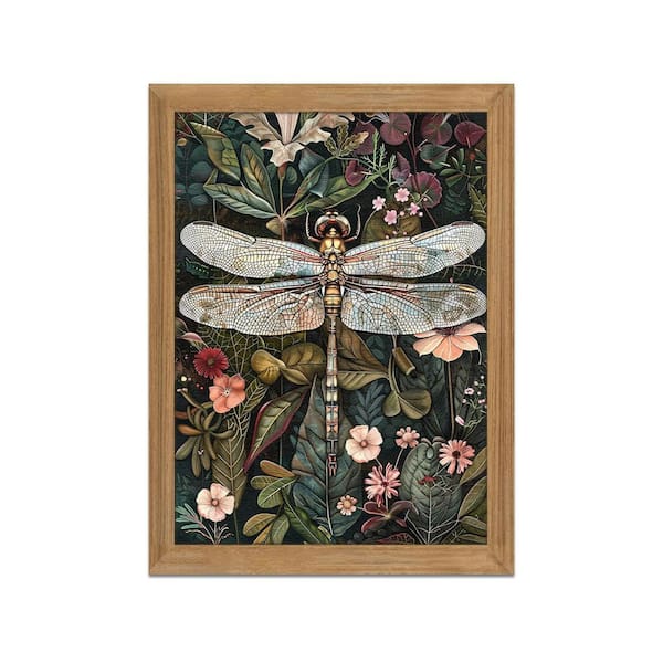 Unbranded Framed Vintage 3D Textured Wall Art, Dark Green Dragonfly Flowers Wall Decor, 12 in. x 16 in.