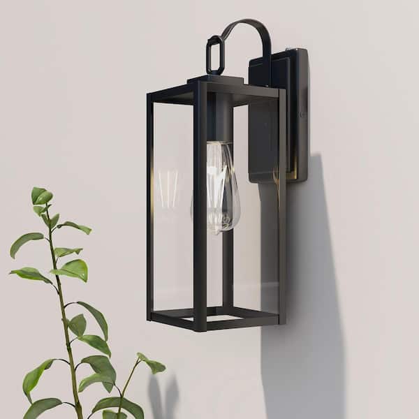 1-Light Matte Black Dusk to Dawn Sensor Hardwired Outdoor Lantern Wall Sconce, Exterior Wall Fixture