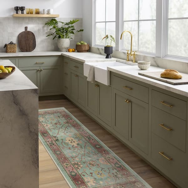 Machine Washable Rug with Standard Pad-Jemima Sage & Rosewood 2x7