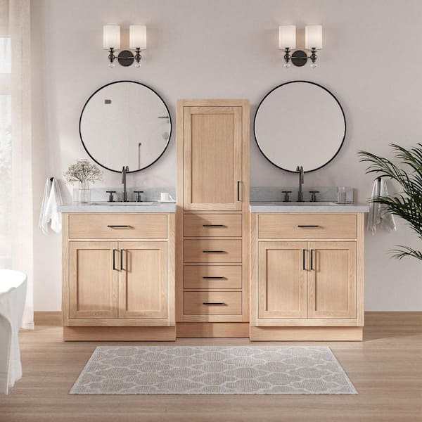 Hepburn 3-Piece 82 in. Wide Double Sink Bath Vanity And Linen Cabinet Set In Oak With Pure White Quartz Top