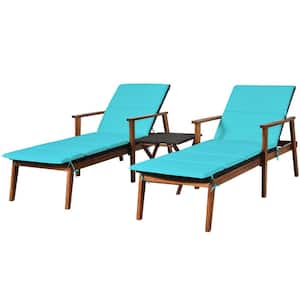 3-Piece Wood Outdoor Chaise Lounge Chair Set Acacia Wood Frame Adjustable Backrest with Turquoise Cushions