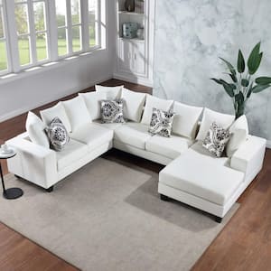 110 in. White Square Arm 4-Piece Velvet U-Shaped Sectional Sofa with Chaise
