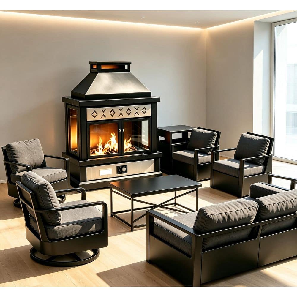 7-Piece Fire Pit Patio Set Metal Outdoor Patio Conversation Set with Sofa,Rocking Chairs,Coffee Table and Gray Cushions price history on PriceWatchPro
