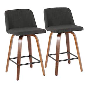 Toriano 26 in. Walnut and Charcoal Fabric Counter Stool with Black Square Footrest (Set of 2)