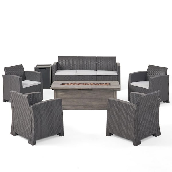 Noble House St. John's 7-Piece Faux Wicker Patio Fire Pit Conversation Set with Light Beige Cushions
