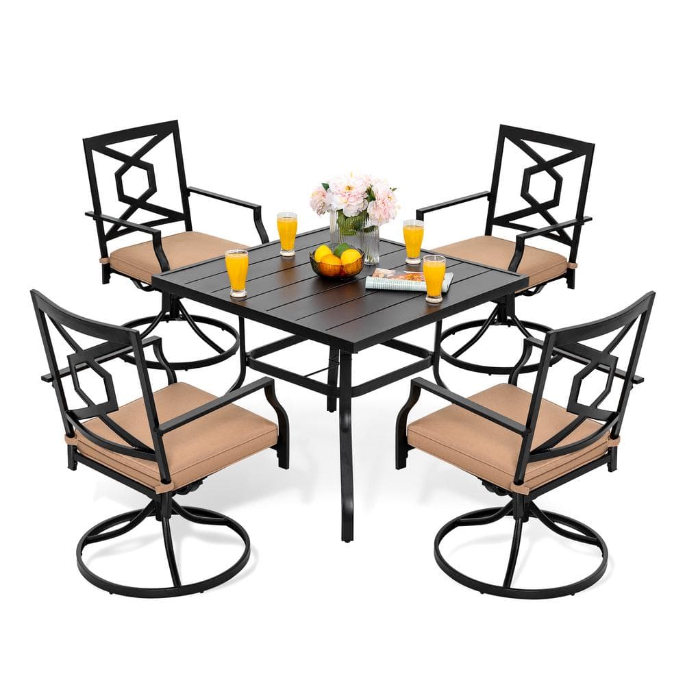 Nuu Garden Black 5-Piece Metal Rectangle Patio Outdoor Dining Set with Beige Cushions Table Set and Swivel Chairs SD151S-T2