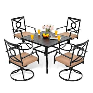 Black 5-Piece Metal Rectangle Patio Outdoor Dining Set with Beige Cushions Table Set and Swivel Chairs