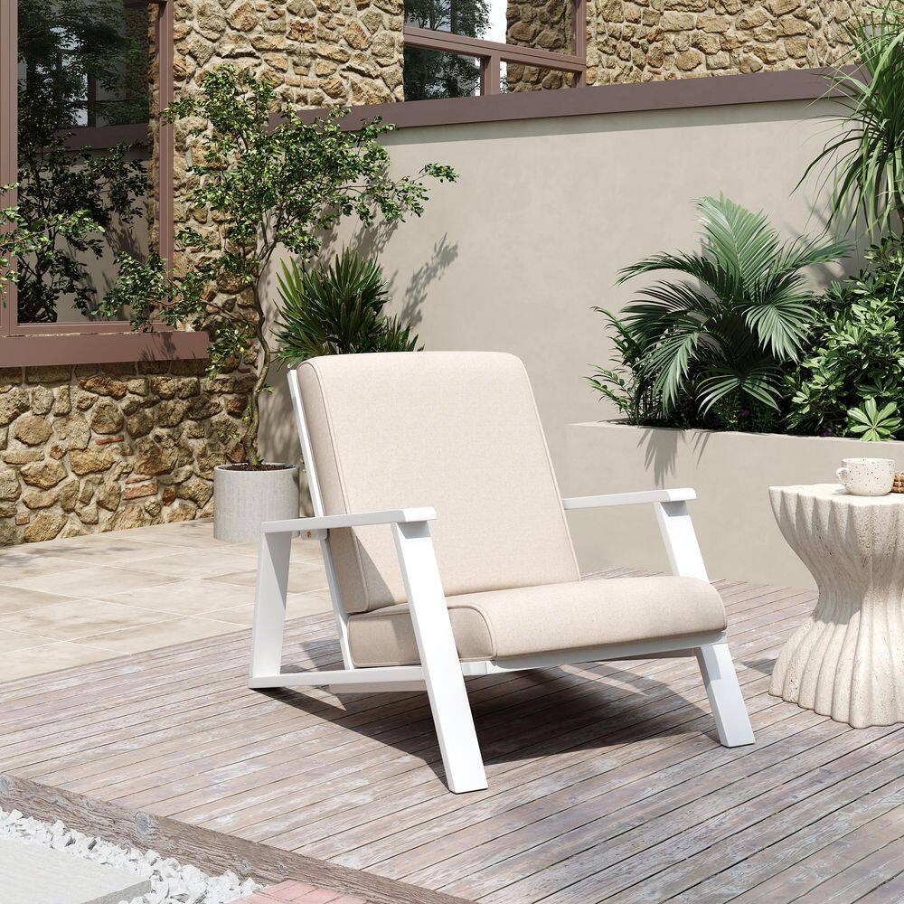 Hosea Patio Solid Wood Outdoor Lounge Chair with Beige Cushions, White