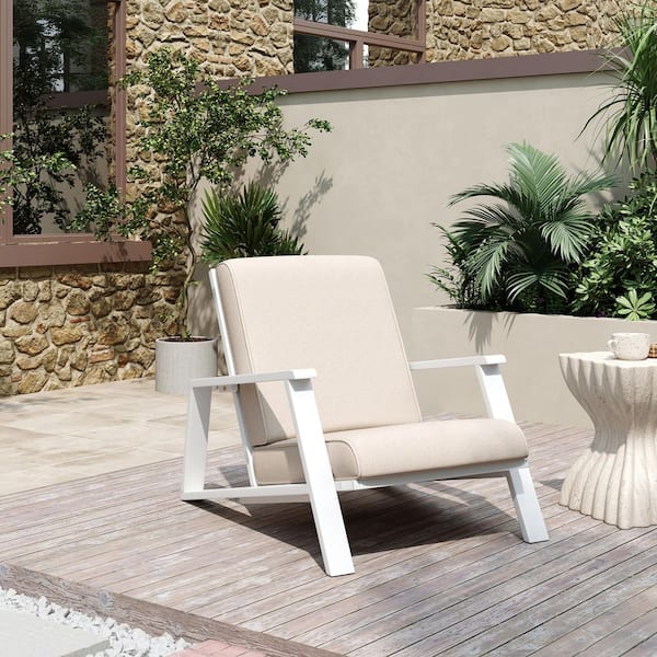 Hosea Patio Solid Wood Outdoor Lounge Chair with Beige Cushions, White