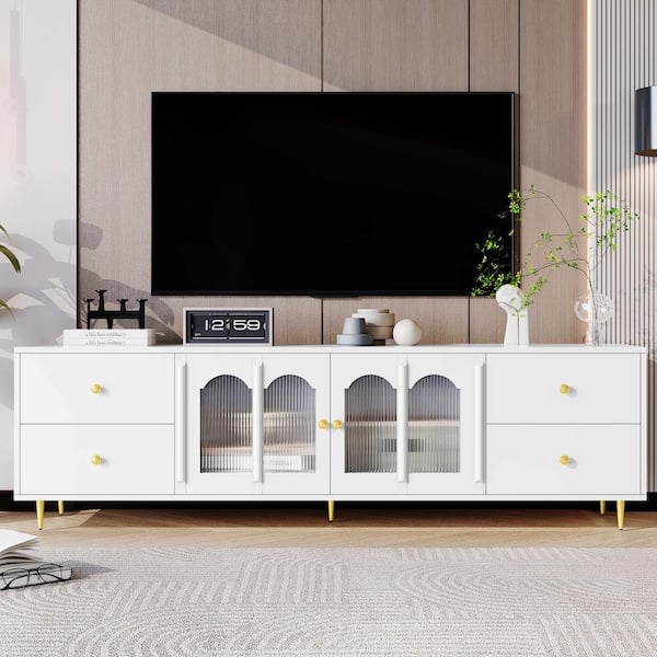 Harper & Bright Designs Modern White TV Stand Fits TVs up to 75 in. with Glass Doors, 4 Drawers, 2 Cabinets, Metal Legs and Handles
