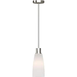 1-Light Brushed Nickel Pendant Light with White Cased Glass Shade