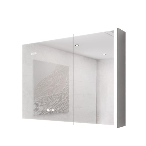36 in. W x 30 in. H Silver Rectangular Aluminum Dimmable LED Light Medicine Cabinet with Mirror, Clock & Temp Display
