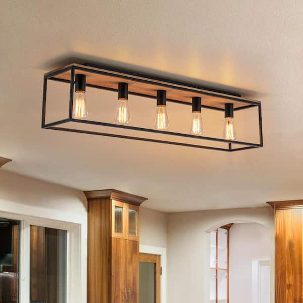 39.37 in. 5-Light Modern Farmhouse Matte Black Flush Mount with No Bulbs Included