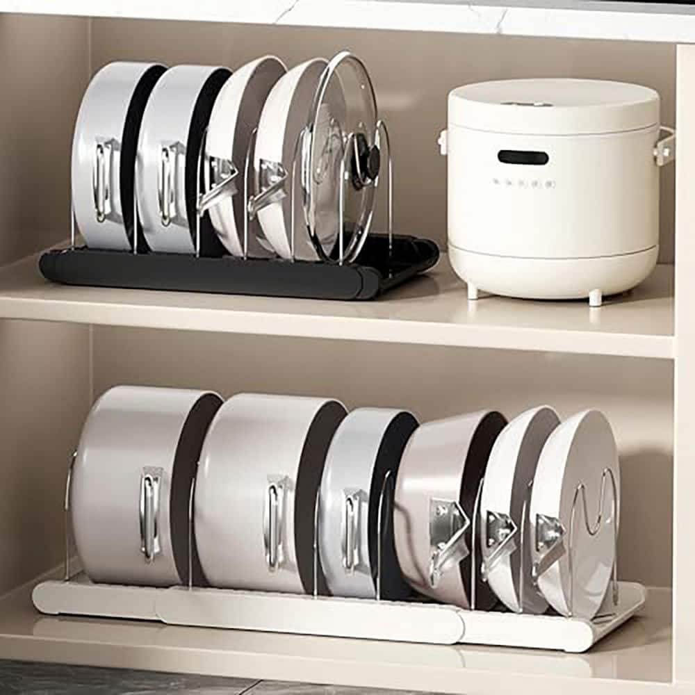 Anqtovp Black Expandable Pot Lid Holder Adjustable Dividers Under Cabinet Rack Cookware Pan Organizer Kitchen White Standing 29CPH033663