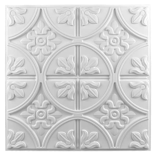 Art3dwallpanels Spanish Floral Matt White 23.7 in. x 23.7 in. Decorative Ceiling Wall Panel Lay in Glue Ceiling Tile (48 sq. ft./case)