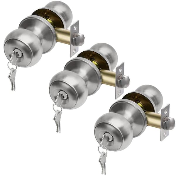 Angel Sar Stainless Steel Round Ball Handle Entry Door Knob, Keyed Different Door Lock Sets (3-Pack)