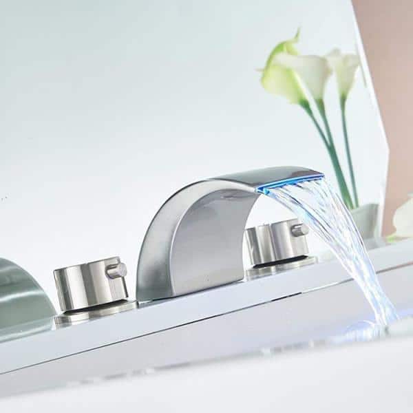 Brushed Nickel 8-Inch Widespread Waterfall Bathroom Faucet with LED Light
