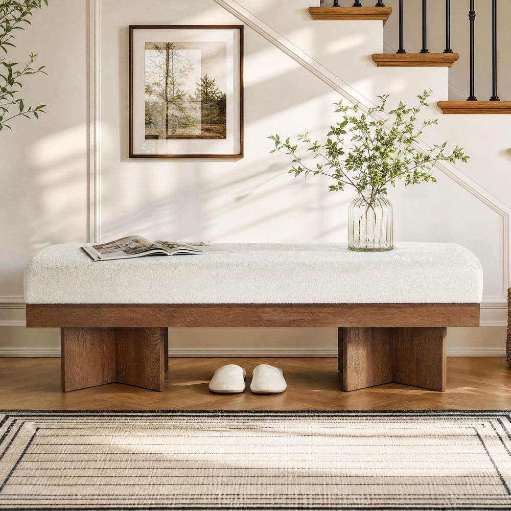 55.12 in. Brown and White Upholstered Bench with Faux Lamb Wool Cushion for Entryway, Living Room, Bedroom