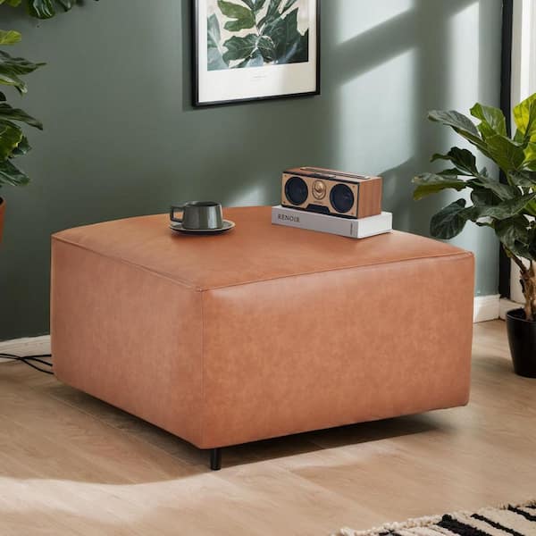 29.75 in. Orange Faux Leather Square Accent Medium Ottoman for Living Room, Bedroom