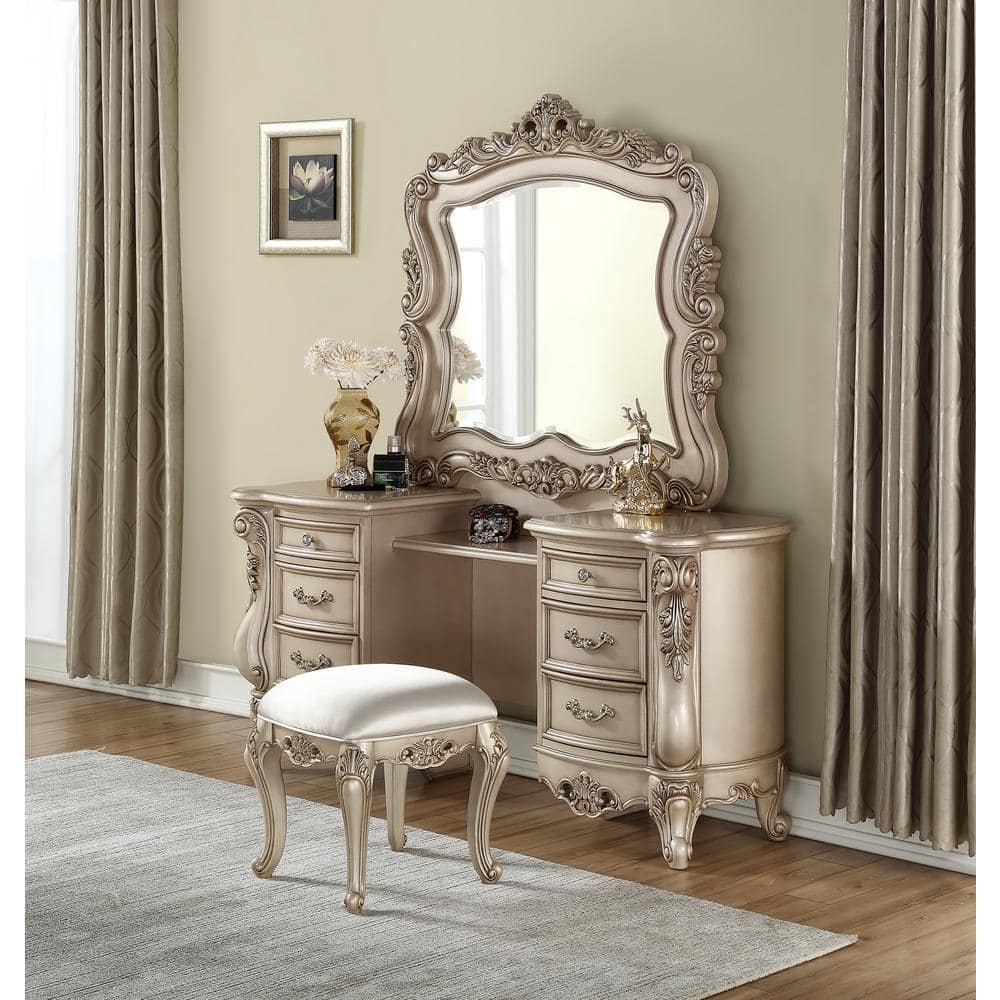 Golden Ivory 6-Drawer Wooden Vanity Desk with Mirror