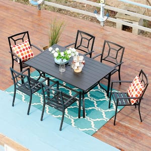 Black 7-Piece Metal Outdoor Patio Dining Set with Slat Rectangle Table and Fancy Stackable Chairs