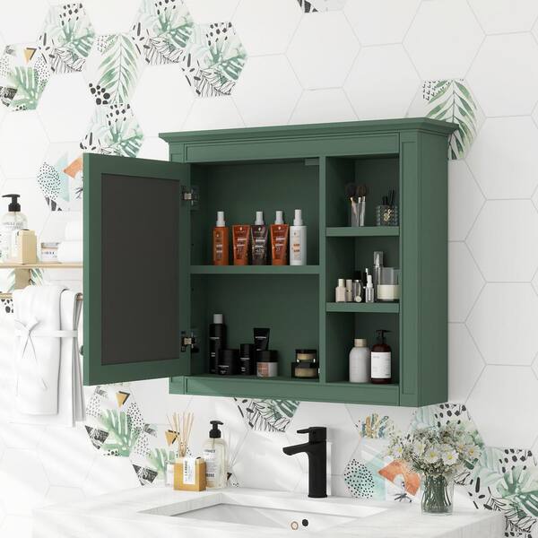 FUNKOL 29.92 x 7.32 x 28 In. Green Wall Mounted Modern Bathroom Storage Cabinet with Door Mirror and 3-Open Storage Dividers