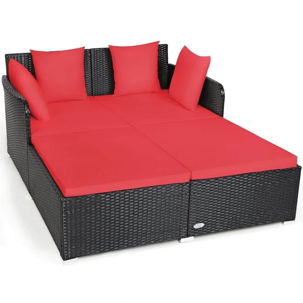 Wicker Rattan Spacious Outdoor Day Bed with Red Upholstered Cushions and Pillows
