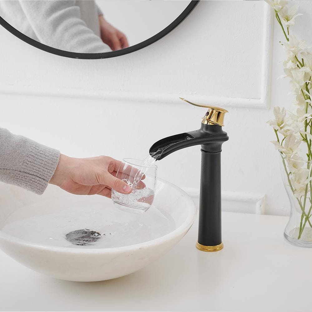Gold and Black Waterfall Single Handle Bathroom Vessel Faucet
