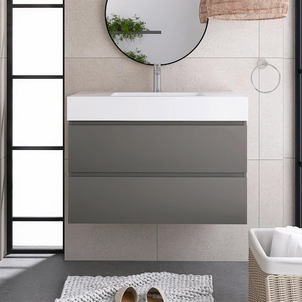 Staykiwi 36 in. W. x 18.1 in. D x 25.2 in. H Single Sink Floating Bath Vanity in Gray with White Solid Surface Top