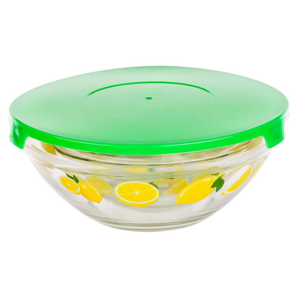 20-Piece Lemon Design Glass Bowls with Green Lids Set